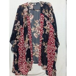 Catherines Floral Kimono Wrap Navy Red Sheer Chiffon Cardigan Plus Size 26/28W